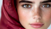 Close up portrait of young woman with freckles and brown eyes wearing burgundy hijab, natural makeup and soft smile showing gentle expression.