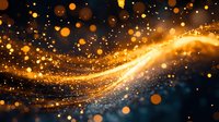 Magical golden light wave with glowing particles and bokeh effect on dark background, creating dynamic motion and festive atmosphere.