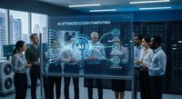 Business professionals analyzing AI optimized cloud computing data on interactive display in modern office meeting room for technology presentation.