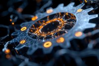 Glowing orange neural network connections on dark background with selective focus creating futuristic artificial intelligence visualization pattern.