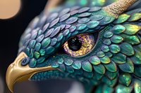Mystical dragon sculpture with iridescent emerald scales and amber eye detail showcases intricate craftsmanship and fantasy artistry against dark background.