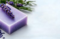 Purple handmade soap bar with fresh lavender flowers on white background. Natural organic skincare and aromatherapy concept with copy space for wellness products.