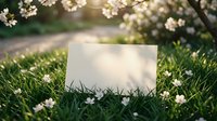 Blank white card on green grass with spring cherry blossoms and warm sunlight for greeting cards, invitations, and seasonal marketing materials.