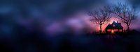 Panoramic silhouette of haunted house on hill with bare trees against dramatic purple and orange sunset sky, creating mysterious dark atmosphere.