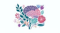 Brain surrounded by blooming flowers and leaves in pastel colors, creative mental health and mindfulness concept illustration on white background.