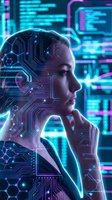 Futuristic woman with digital circuit overlay thinking in neon-lit tech environment. Artificial intelligence, machine learning, and cyberpunk concept.