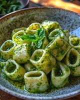 Pipe rigate pasta with fresh basil pesto sauce served in rustic ceramic bowl. Fresh herbs garnish and olive oil create appetizing Italian cuisine dish.