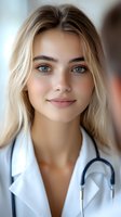 Young female healthcare professional with blonde hair and blue eyes wearing white medical coat with stethoscope, suitable for medical, healthcare, and professional business applications.