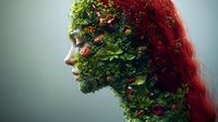 Woman with red hair in profile view transformed into natural foliage with green leaves, berries, and flowers in surreal double exposure style for creative design projects.