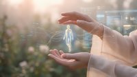 Hands holding glowing human figure hologram with digital network connections in natural garden setting, representing healthcare technology, telemedicine, and digital wellness solutions.