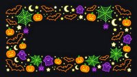 Neon glowing Halloween border frame with jack-o-lantern pumpkins, bats, spiders, webs, and stars on black background. Isolated design element for seasonal graphics and festive projects.