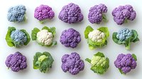 Fresh colorful cauliflower heads in purple, blue, and white arranged in neat rows on white background, organic vegetables with green leaves isolated.