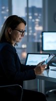Middle-aged woman with long dark hair and glasses wearing dark blazer, analyzing data on tablet in modern office with city skyline view for business analytics and corporate work.
