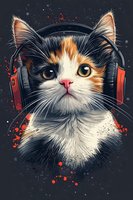 Calico cat wearing red headphones against dark background with splatter effects, artistic digital illustration for music-related designs and merchandise.