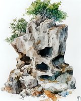 Watercolor painting of ancient limestone rock formation with natural caves and green trees growing on top, showing geological layers and weathered texture.