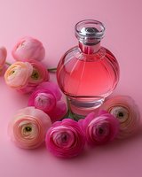 Elegant glass perfume bottle with pink liquid surrounded by fresh pink and peach ranunculus flowers on soft pink background, creating romantic feminine composition.