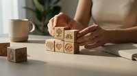 Woman arranging wooden blocks with environmental sustainability icons on desk. Eco-friendly business concept for green marketing and corporate responsibility.