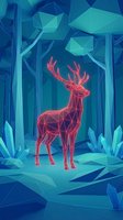 Glowing red polygonal deer standing in mystical blue low poly forest with geometric trees and crystalline foliage for digital art projects.