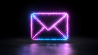 Glowing neon envelope icon with pink and blue light effect on dark background, digital communication concept for email marketing and messaging.
