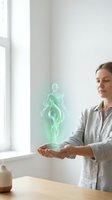 Young Caucasian woman in gray shirt practicing meditation with glowing green holographic human figure floating above her hands in bright modern room.