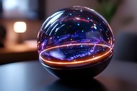 Glowing cosmic sphere with illuminated rim displaying galaxy-like patterns inside, creating a mesmerizing celestial miniature universe on dark surface.