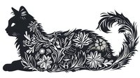 Black silhouette of lying cat decorated with white floral ornamental pattern and curly elements. Isolated design for fabric prints and decorative art.