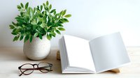 Open blank notebook with reading glasses and green plant in white ceramic pot on wooden table, minimalist workspace setup for writing and studying.