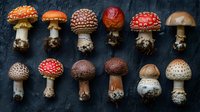 Colorful amanita muscaria mushrooms arranged in rows on dark background, showing variety of red and orange caps with white spots, artistic nature composition.