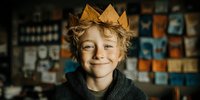Young blonde boy wearing paper crown smiling happily in cozy indoor setting with warm lighting and colorful background tiles for childhood joy concepts.