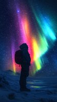 Silhouette of hiker with backpack standing on snowy mountain peak against vibrant northern lights aurora borealis display in starry night sky with rainbow colors.
