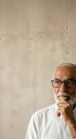 Senior man with white beard and glasses wearing white shirt, hand on chin in thoughtful pose against textured beige wall background for portrait and contemplation concepts.