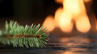 Pine branch with vibrant green needles against blurred warm fireplace bokeh background creates cozy winter holiday atmosphere for seasonal designs.