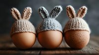 Three fresh brown eggs wearing tiny knitted bunny ear hats in beige and gray colors arranged in row on rustic wooden surface against dark background.
