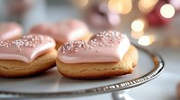 Heart-shaped cookies with pink glaze and silver sugar pearls on vintage silver plate against blurred festive bokeh lights background. Sweet romantic dessert.