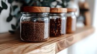 Glass jars with wooden lids containing coffee beans and ground coffee on wooden shelf for kitchen storage and organization.