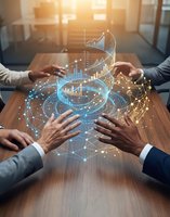 Business team hands collaborating over holographic data visualization with charts and network connections on wooden conference table in modern office.