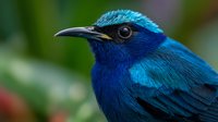 Vibrant blue tropical bird with iridescent feathers and black beak in natural habitat. Wildlife photography for nature enthusiasts and bird watchers.