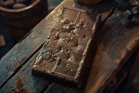 Dark chocolate bar with cocoa powder dusted on rustic wooden surface in moody lighting, creating rich textures and artisanal food atmosphere.