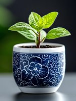 Fresh green plant growing in decorative blue and white ceramic pot with floral pattern against dark background. Suitable for wellness and home decor concepts.