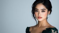 Young Asian woman with elegant makeup and black lace off-shoulder dress against light background, wearing crystal earrings and romantic updo hairstyle.