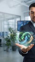Businessman holding glowing circular arrows with gears and charts, representing sustainable business cycles, renewable energy, and digital transformation in modern office environment.