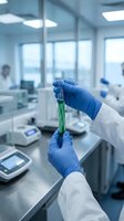 Scientist in blue gloves holding test tube with green liquid in modern laboratory for research and analysis. Medical testing and scientific experimentation concept.
