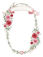 Elegant oval floral frame with pink roses and ribbon banner on white background. Wedding invitation border with romantic flowers and leaves.