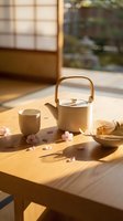 Traditional Japanese tea ceremony setup with ceramic teapot and cup on wooden table with cherry blossom petals in serene tatami room with natural sunlight.