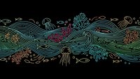 Underwater ocean waves with marine life jellyfish coral fish seahorse in colorful line art style on black background for textile design.