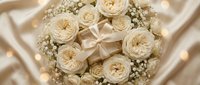 Elegant cream rose bouquet with baby's breath and satin ribbon on wooden background with warm bokeh lights for wedding celebration and romantic occasions.