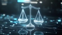Glowing digital scales of justice on circuit board background with blue technology network pattern, representing law and technology convergence.