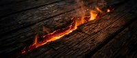 Glowing crack in weathered wooden surface with bright orange fire flames emerging from split timber plank creating dramatic lighting effect on rustic wood texture.