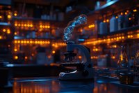 Microscope emitting glowing blue smoke against dark laboratory background with warm orange bokeh lights, creating mysterious scientific atmosphere.