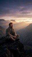Contemplative bearded man sitting on mountain peak at sunset with birds flying overhead in dramatic alpine landscape for meditation and mindfulness concepts.